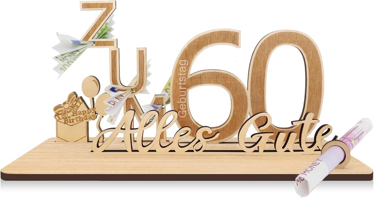 Dailygoods- Geldcadeau Houten Decoratie - Gepersonaliseerd Cadeau - 60e Verjaardag - Gastenboek - Duurzaam Hout - Handgemaakt
