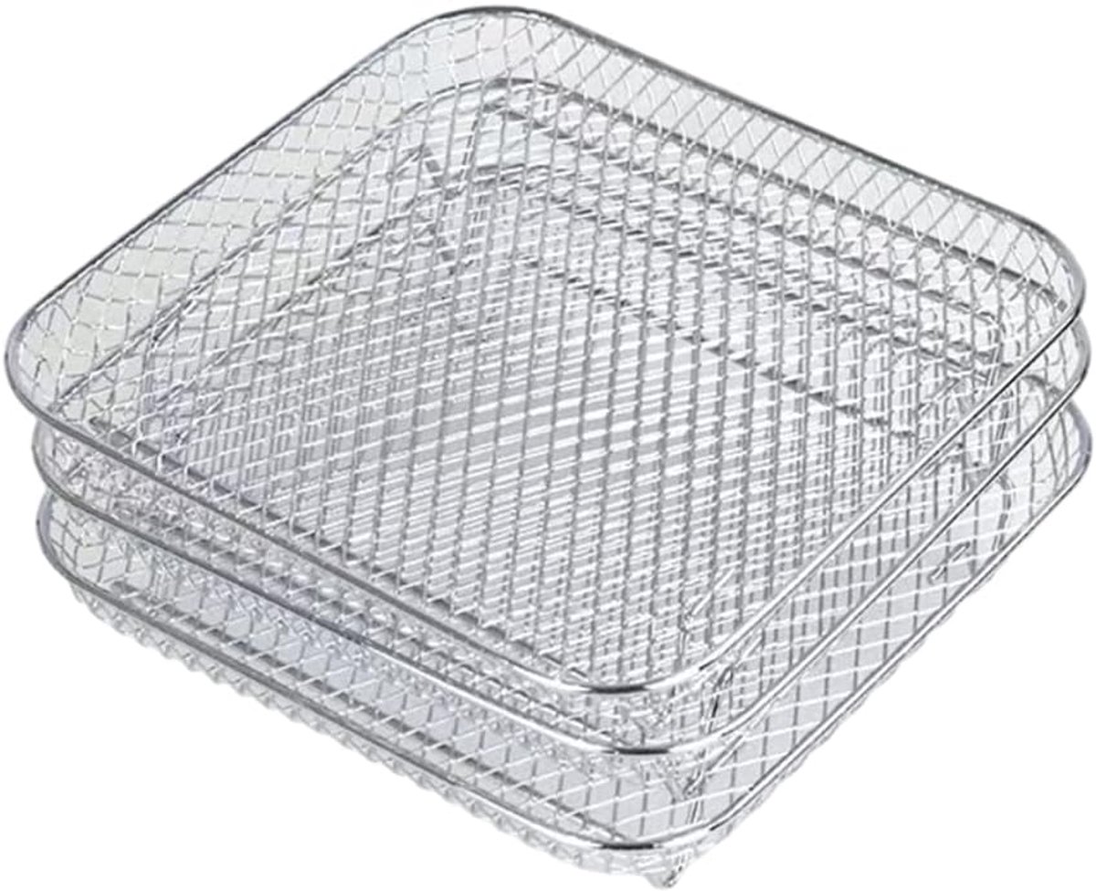 Dailygoods- Luchtfriteuserek 3-Laags - Roestvrij Stalen Dehydratorstandaard - Stapelbaar - 20x20x9 cm - Ruimtebesparend Ontwerp - Vaatwasmachinebesten