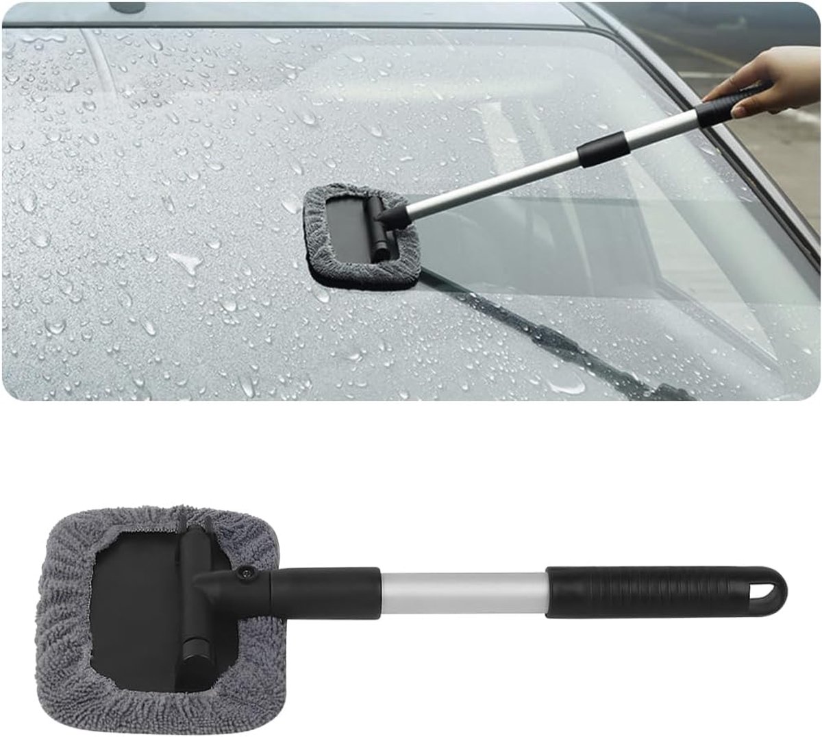 Dailygoods- Autoruitreiniger met lange handgreep - Microvezel reinigingsborstel - Intrekbare borstel - Universele toepassing - Grijze rechthoek - Hoog
