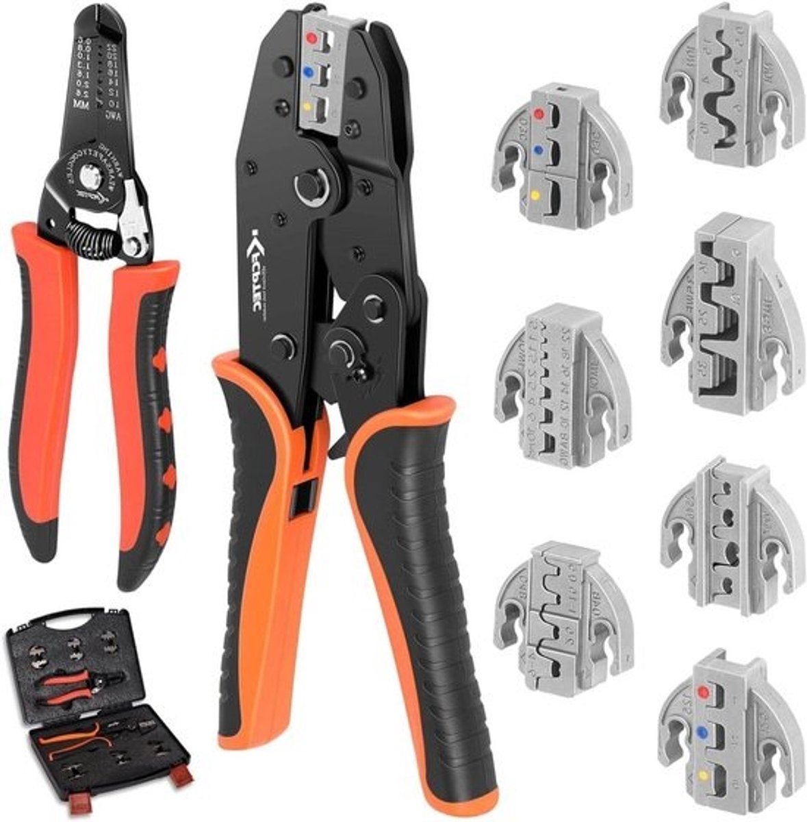Krimptang Set - Draad Connectoren - Elektrische Verbindingen - Verwisselbare Bekken - 9 Delig - Oranje