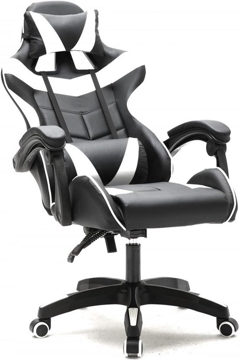Wit-Zwarte Race Gaming Stoel met Voetsteun en Rugsteun - Verstelbare Ergonomische Bureaustoel met 360° Draaifunctie en Zitkussen