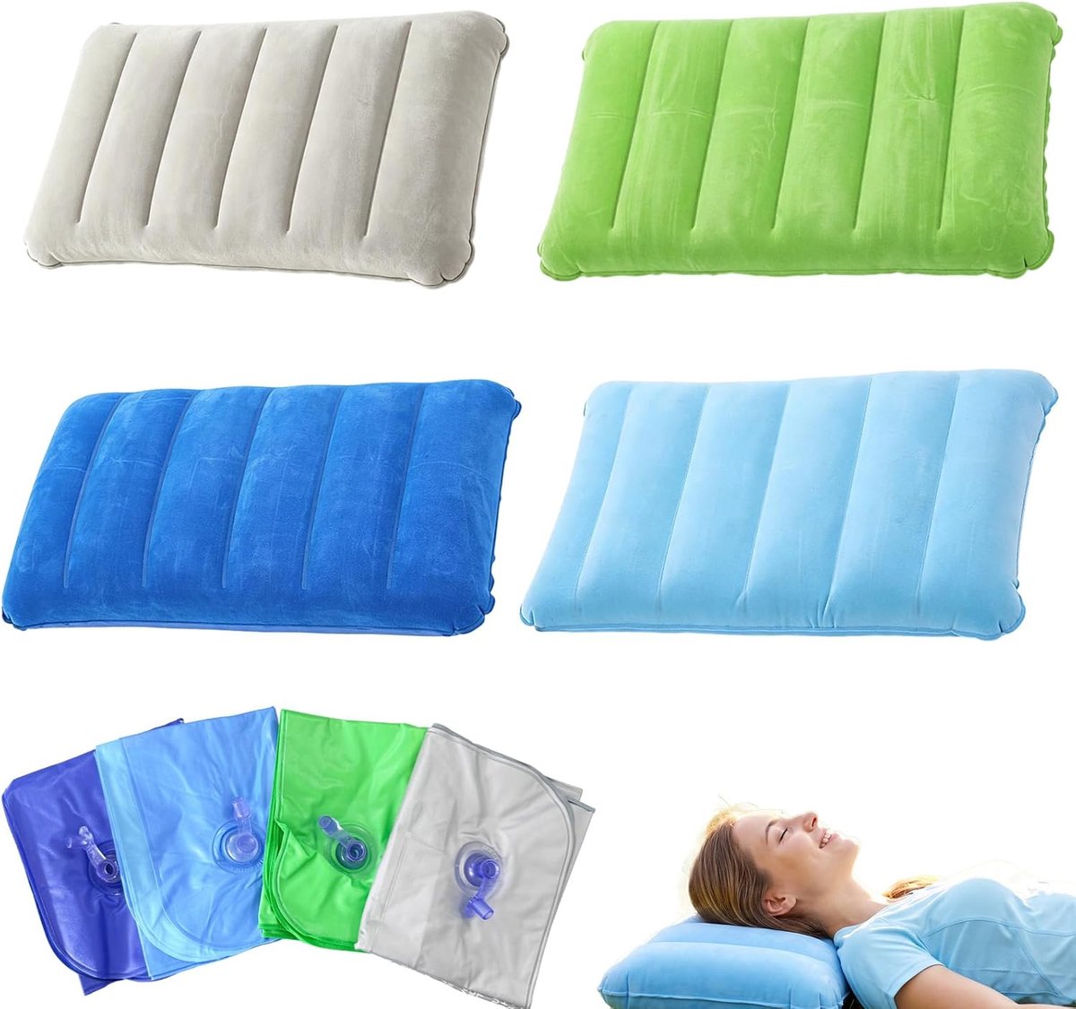 Set van 4 opblaasbare kussens, 47 × 30 cm, zachte gevlokte kant en gladde kant van pvc, 4 kleuren, compact voor reizen, kamperen, kantoor en strand