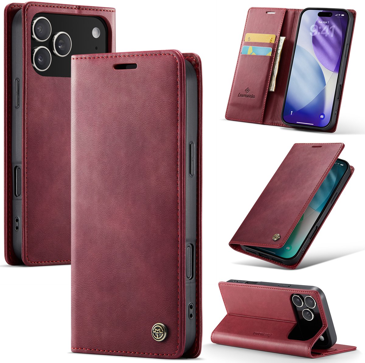 Casemania Hoesje Geschikt voor Apple iPhone 18 Pro - Burgundy Red - Luxe Kunstleer Dunne Telefoonhoesje met Pasjeshouder en Standaardfunctie - Slim Wallet Case - Bordeaux Rood
