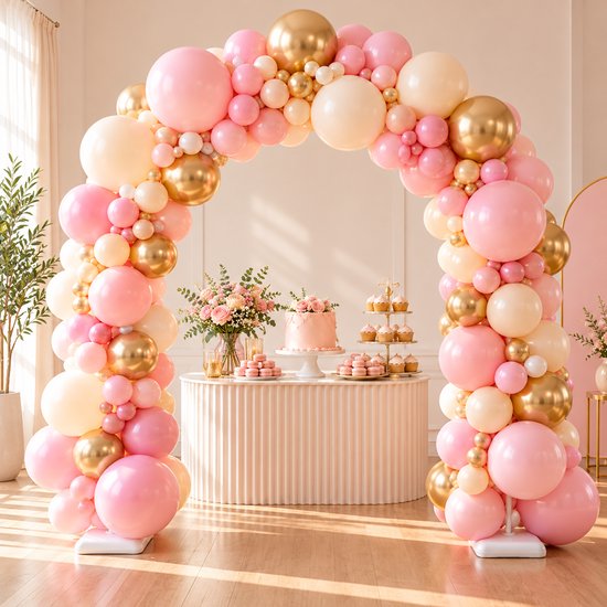 Ballonnenboog met roze, crèmekleurige en gouden ballonnen over een feesttafel met taart en versiering.