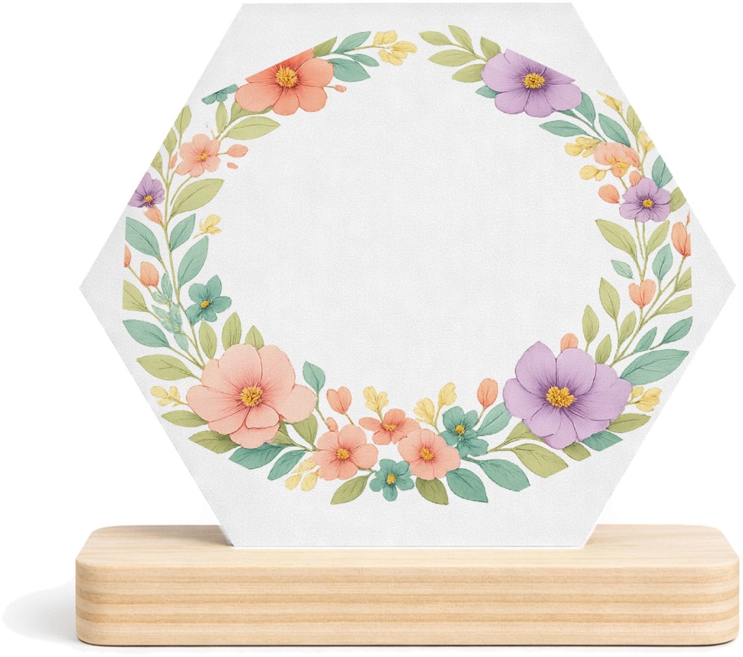 Mr Cadeautjes MDF fotolijst/inleg hexagon 14 x 13 - design Ronde seizoenskrans met buitenste ring van bladeren en binne | cadeau Wit