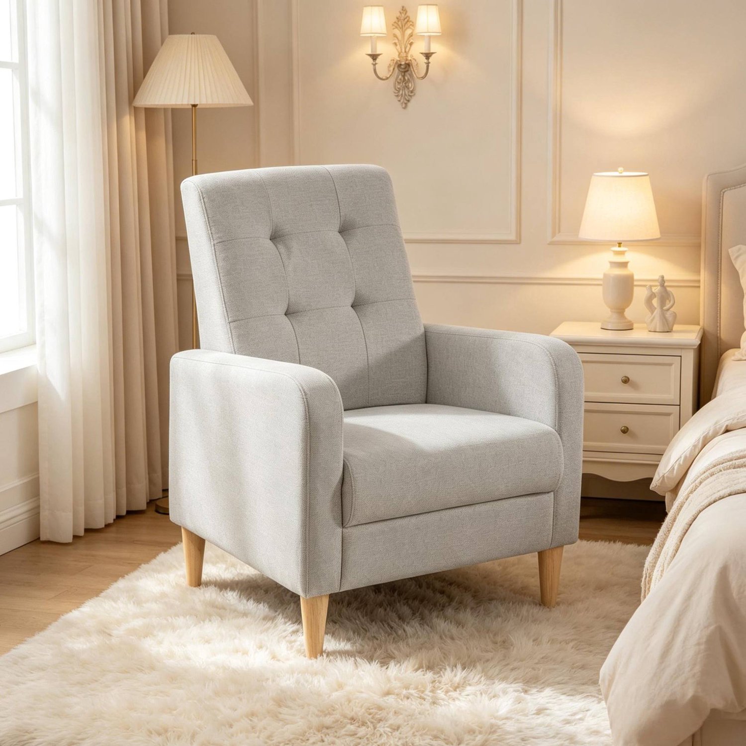 MODFU Fauteuil Met Armleuningen - Hoge Rugleuning - Scandinavische Stijl - Linnen - Lichtgrijs