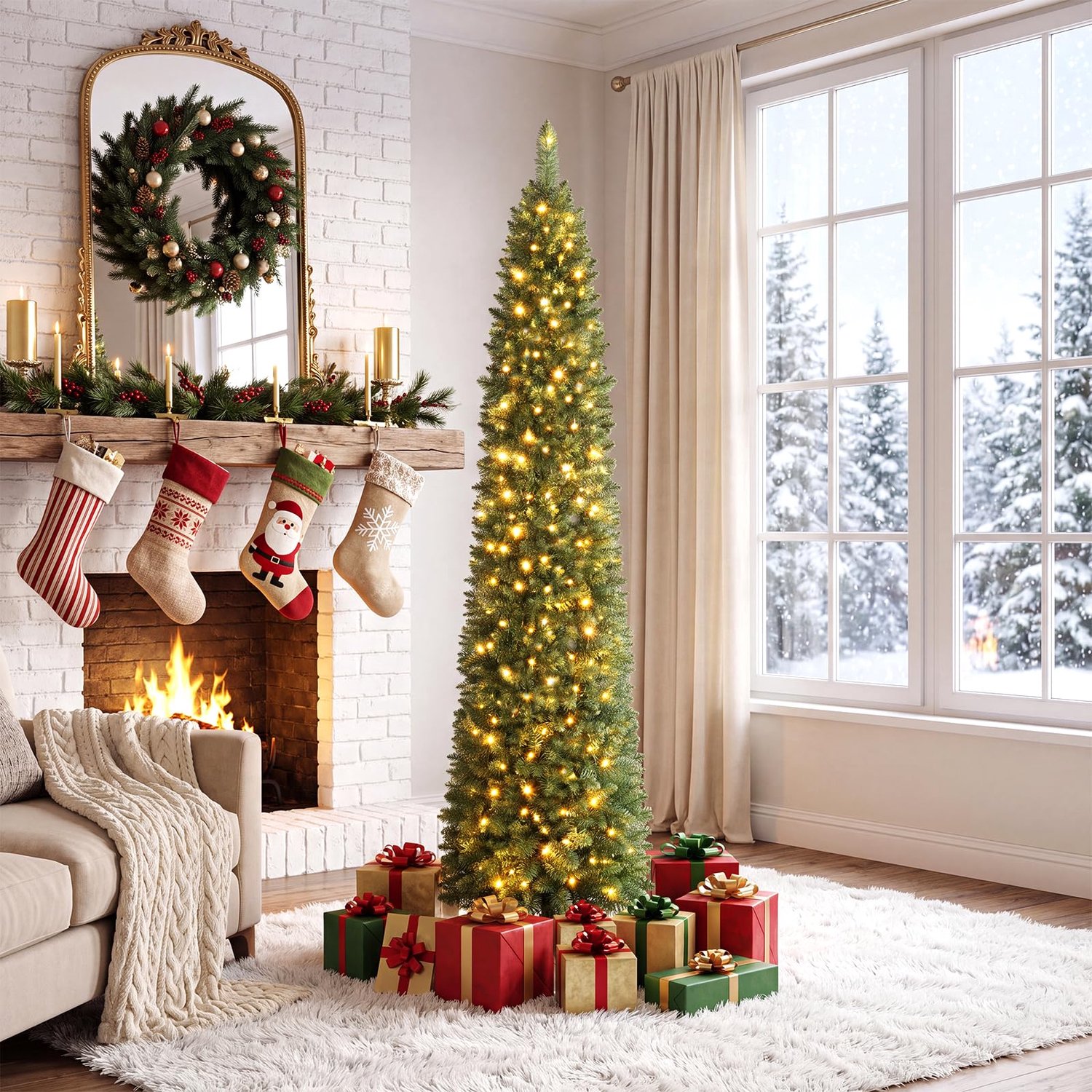 COSTWAY 180 cm Kunstkerstboom smal met verlichting - 445 takken - 180 warmwitte LED-lampjes - Metalen Standaard - Snelle Montage – foto 6