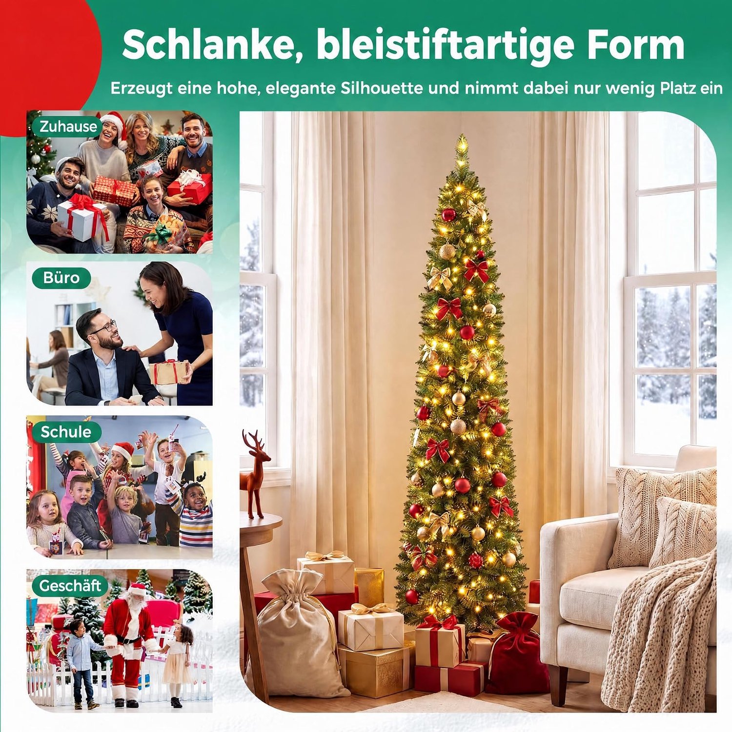 COSTWAY 180 cm Kunstkerstboom smal met verlichting - 445 takken - 180 warmwitte LED-lampjes - Metalen Standaard - Snelle Montage – foto 4