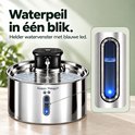 Happy Things drinkfontein in RVS met een helder waterpeilvenster en blauwe led-indicator.
