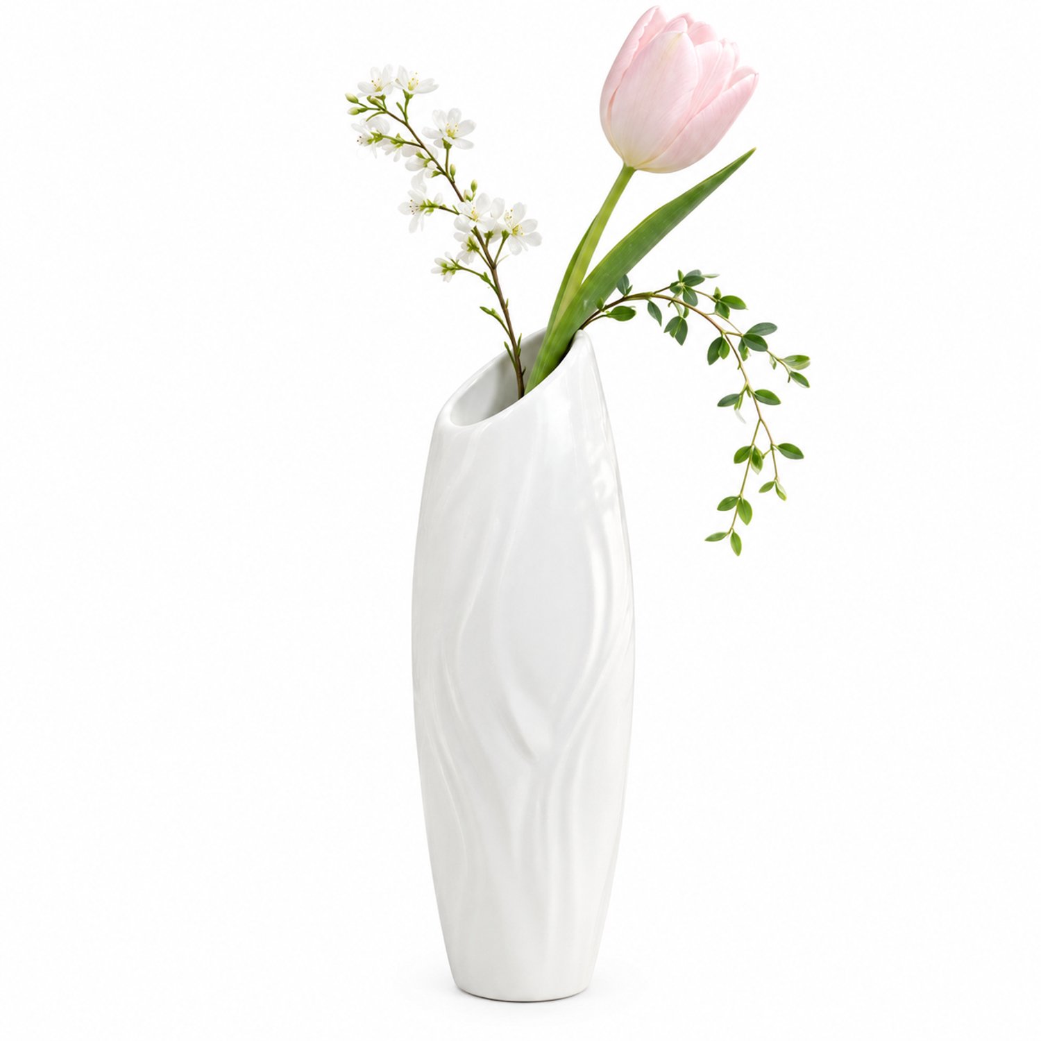 SWGOTA Witte kunststof vaas met golfreliëf en schuine opening - 8 x 8 x 19,5 cm - Voor droogbloemen en tafeldecoratie - OPP-verpakking