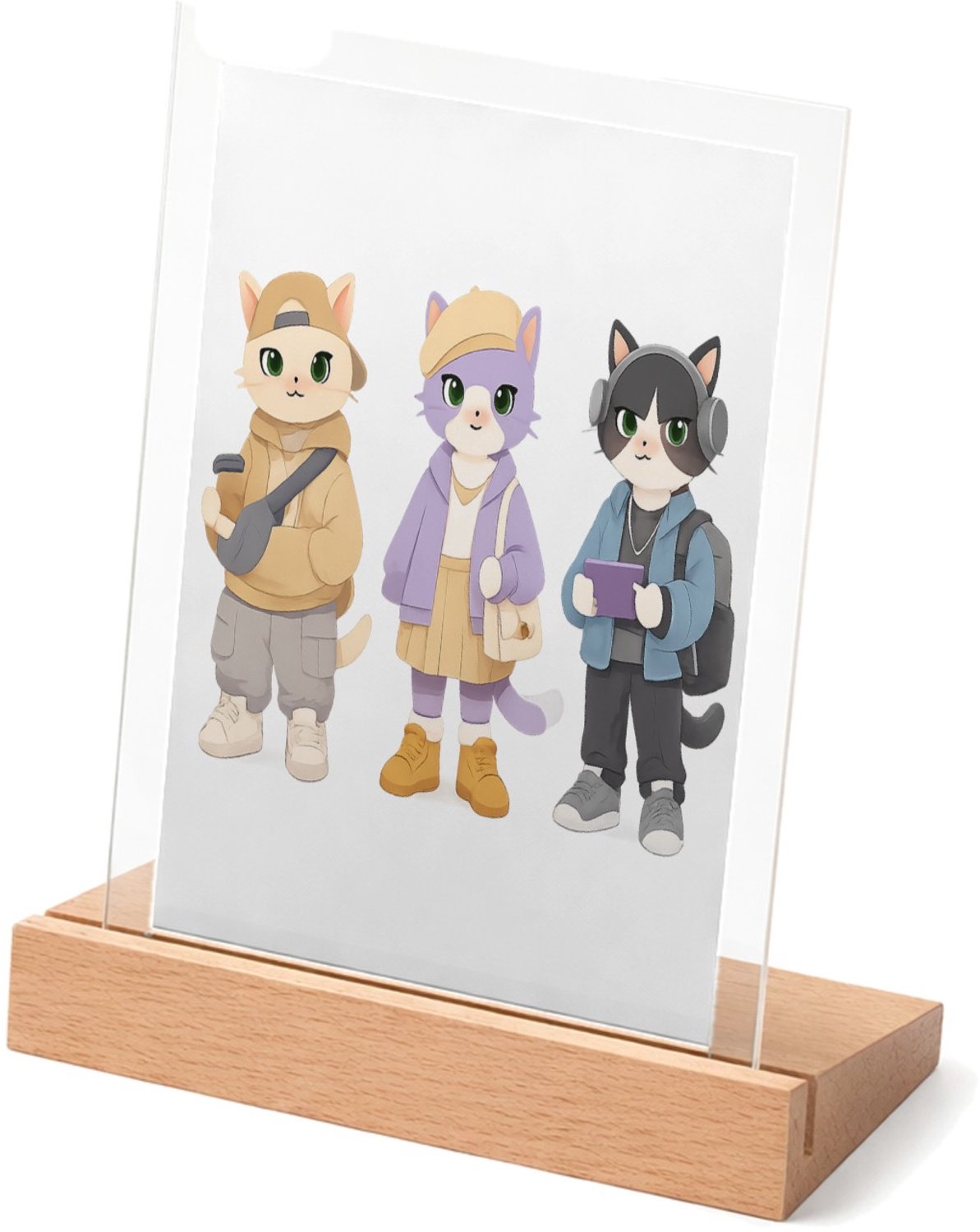 Mr Cadeautjes Glasframe met vaste tekst - design Drie modieuze katten in pastel-outfits, elk met een andere h | cadeau Wit