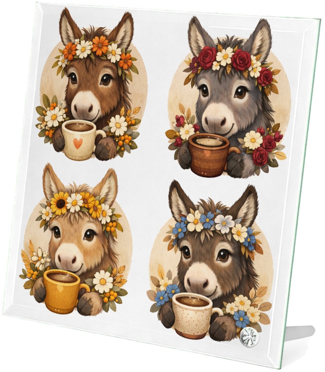 Mr Cadeautjes Glasframe 20 x 20 - design Een serie ezelportretten met boeketjes en een warme drank in | cadeau Wit