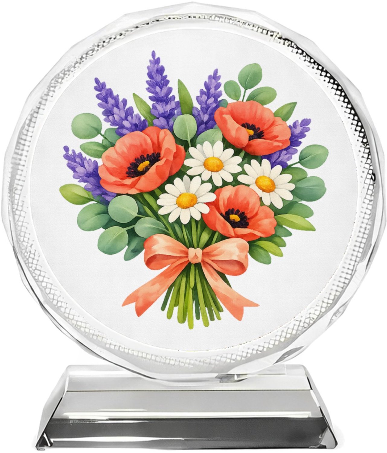 Mr Cadeautjes Fotokristal rond Ø 10 - design Aquarel wilde bloemen boeket | cadeau Wit