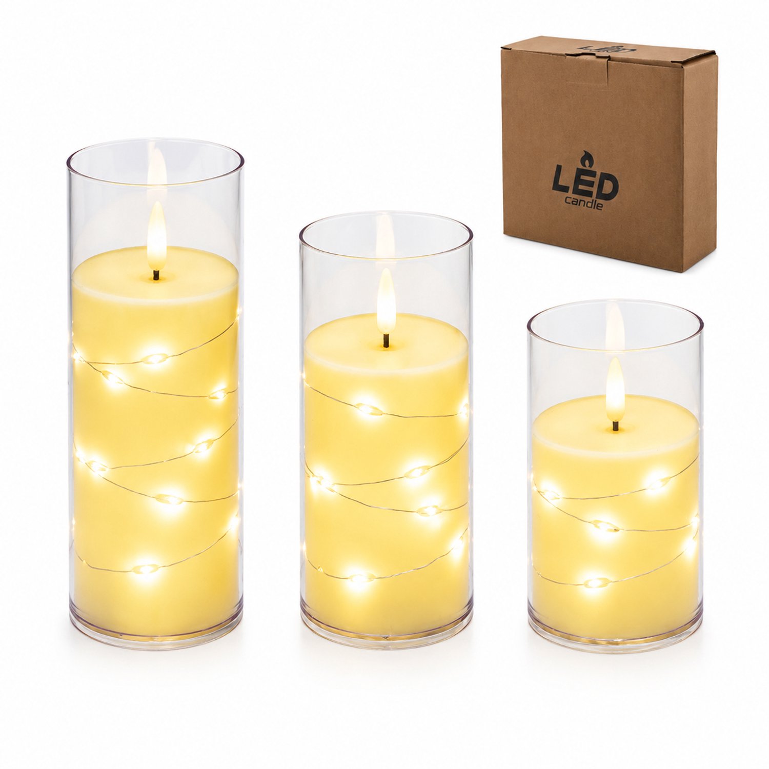 SWGOTA led kaarsen - 3-delige set, 5,5 cm-uitvoering, warm licht met koperdraadlichtsnoer, transparante bekers, inclusief AG13-knoopcellen en doos Ivoor