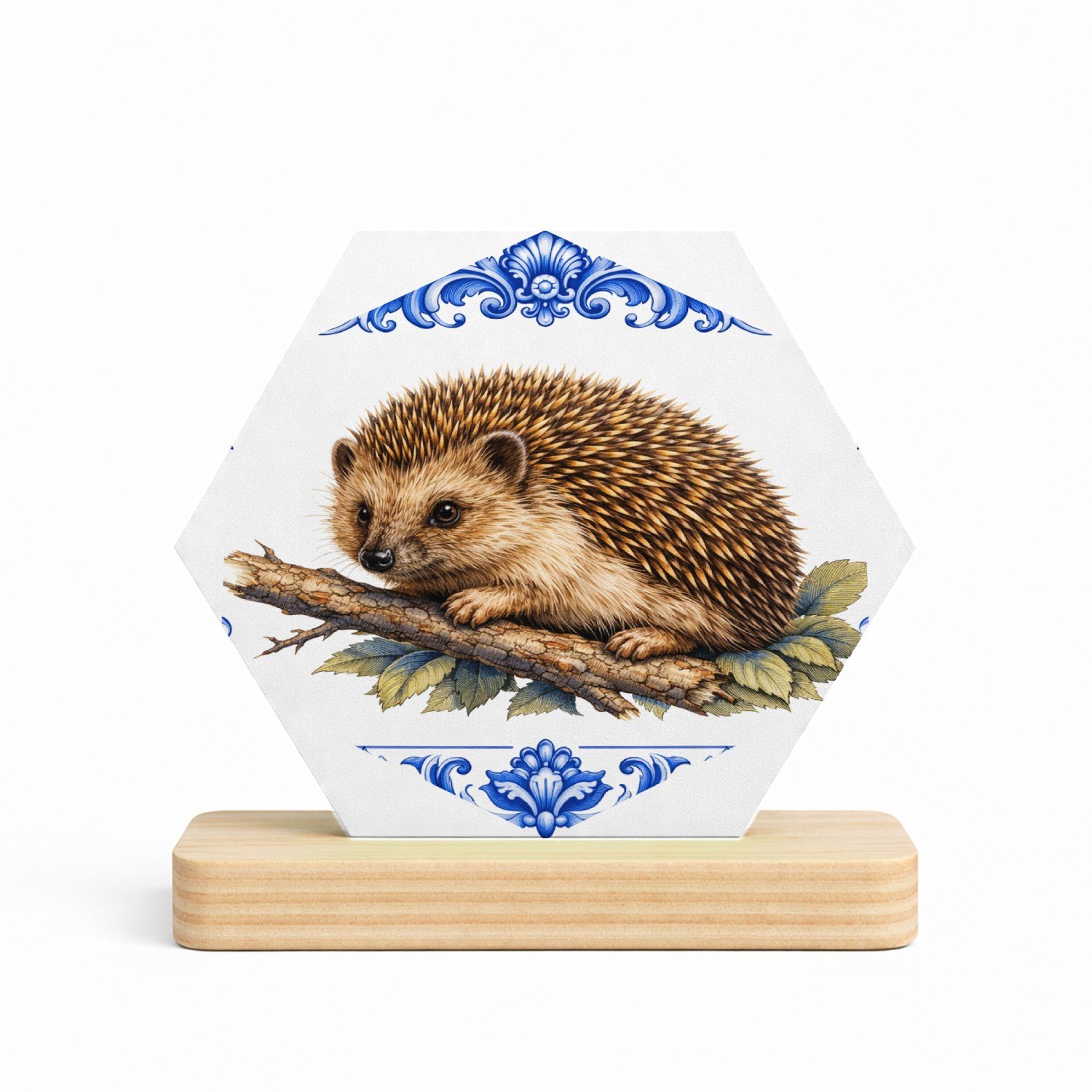 Mr Cadeautjes MDF fotolijst/inleg hexagon 14 x 13 - design Een realistische egel op een tak of tussen bladeren, omringd | cadeau Wit