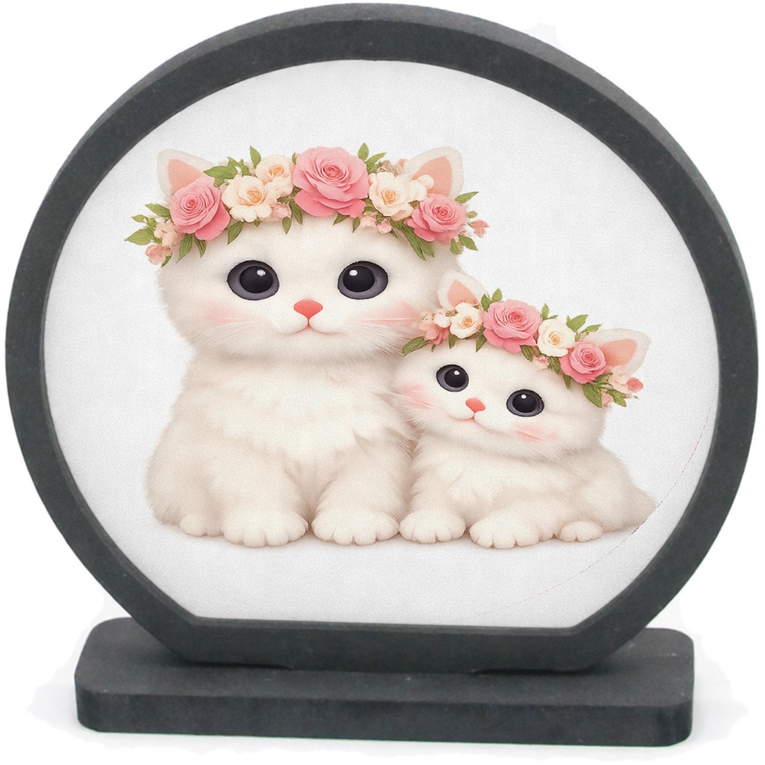 Mr Cadeautjes Houten fotolijst rond met MDF inleg - design Een schattige bosuil met een bloemenkrans en zachte maanlich | cadeau Wit