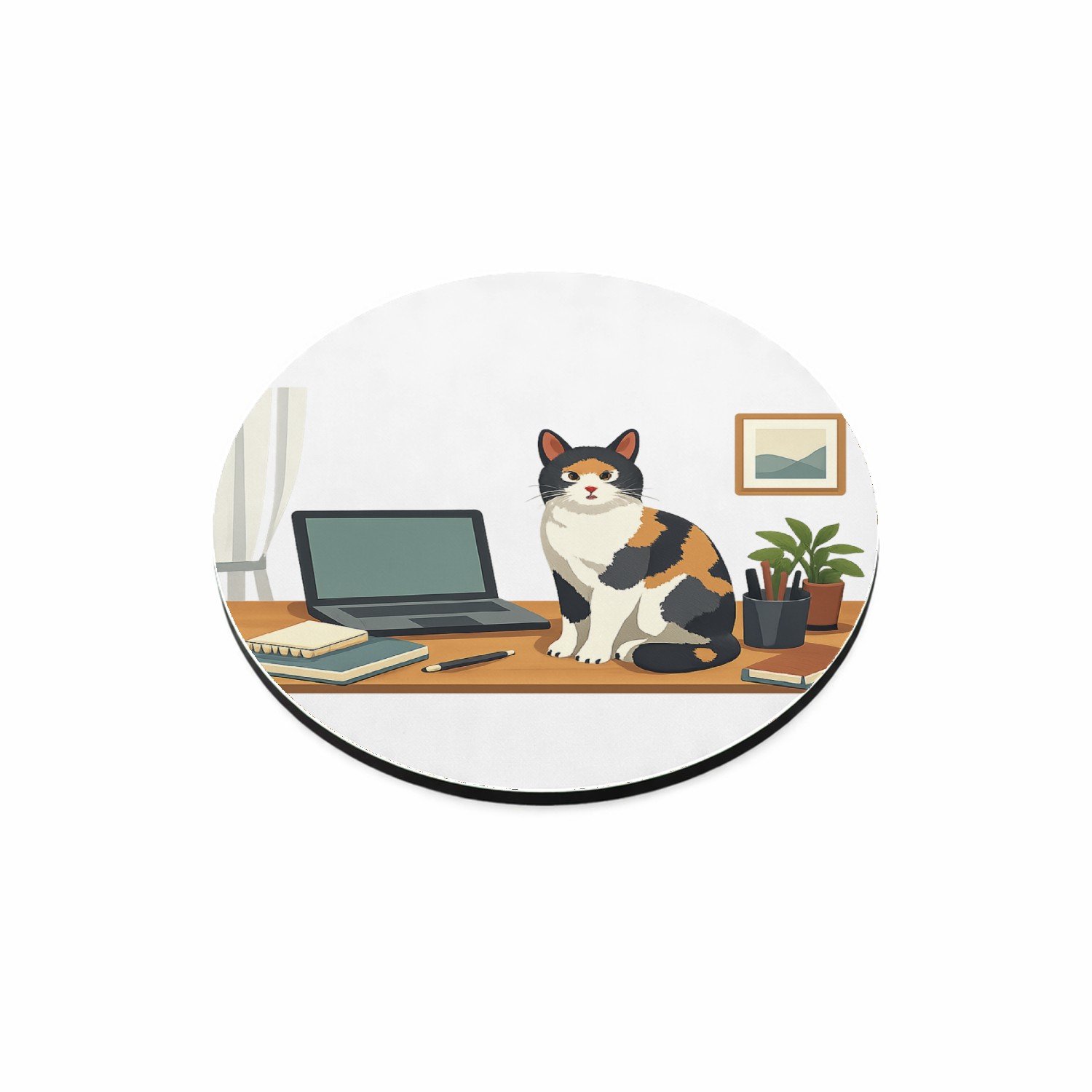 Mr Cadeautjes MDF magnetische fotolijst rond Ø 9,5 - design Een eigenzinnige ‘ongewenste coworker’ scène in een rustige | cadeau Wit