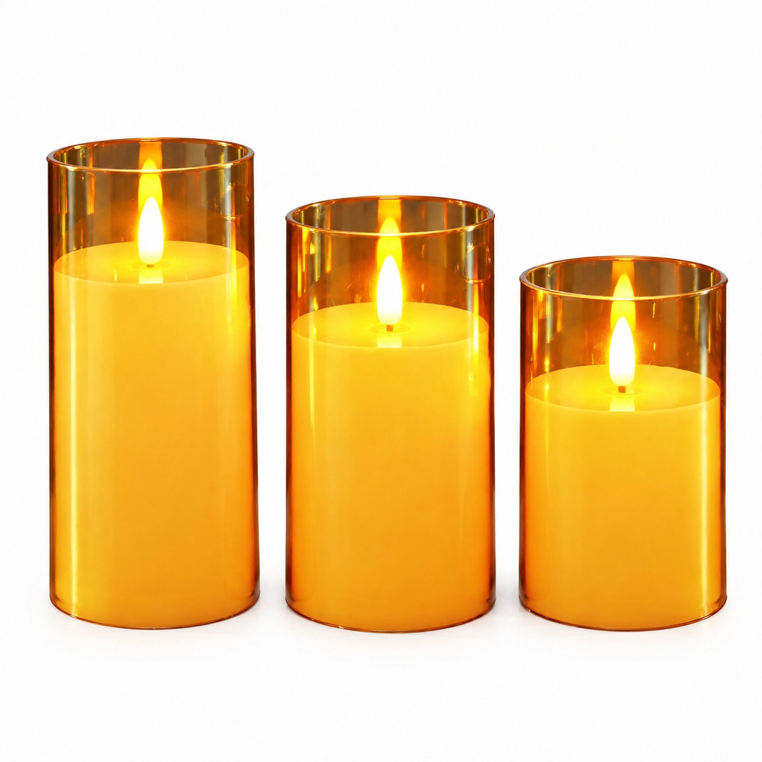 SWGOTA led kaarsen, set van 3, met bruine transparante omhulling en vlamvormig licht, diameter 7,5 cm, hoogtes 10/12,5/15 cm