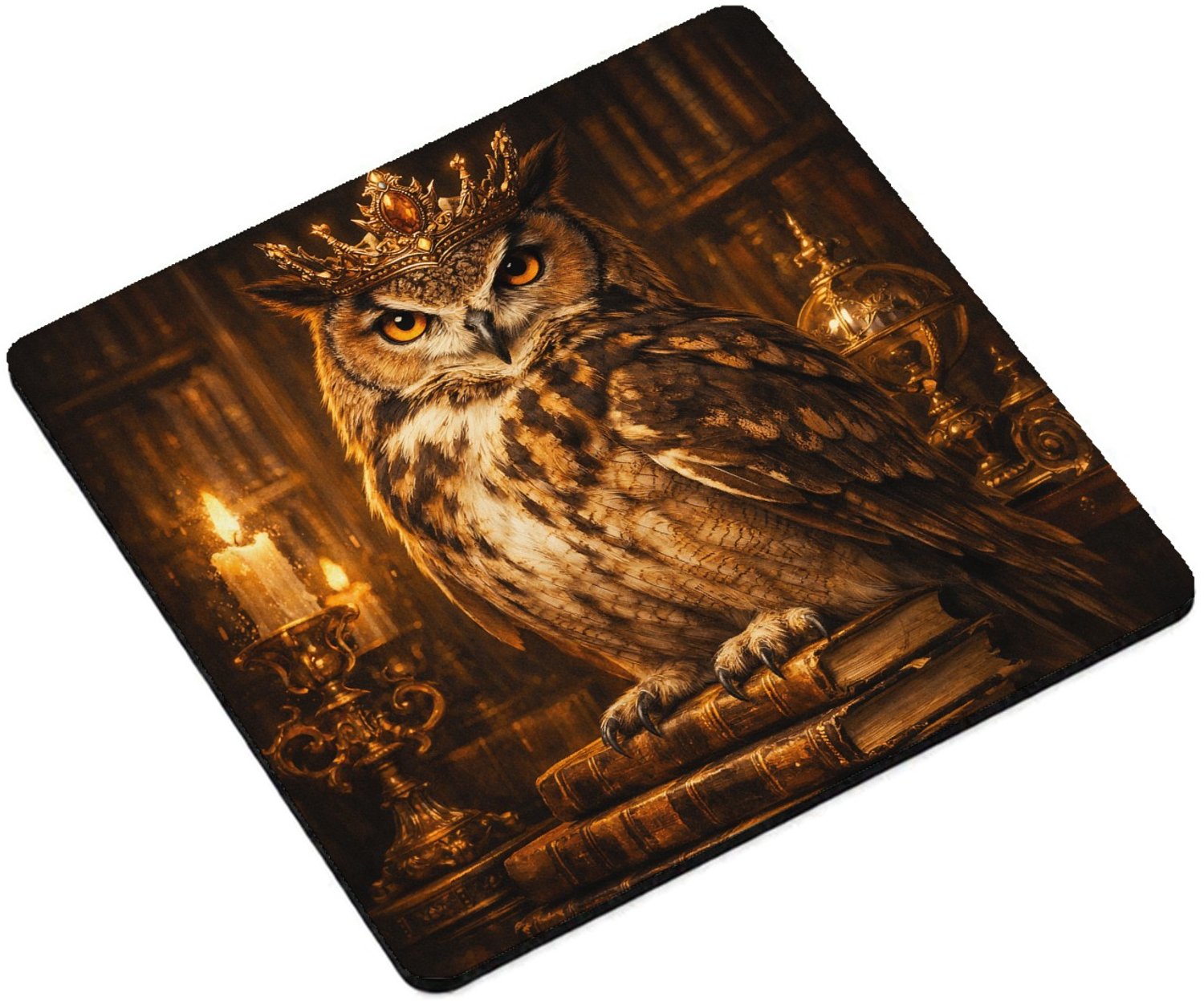 Mr Cadeautjes MDF magnetische fotolijst vierkant 9,5 - design Een chique uil in een bibliotheek vol gouden licht en oude b | cadeau Wit