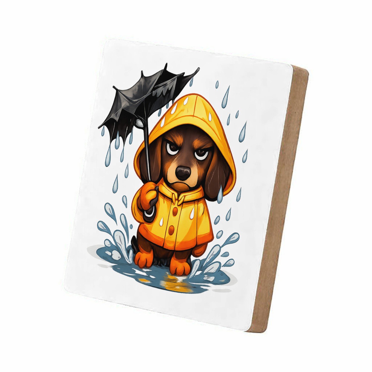 Mr Cadeautjes MDF staande fotolijst 15,2 x 15,2 - design Een chagrijnige teckel in een regenjas met een kapot ogende | cadeau Wit