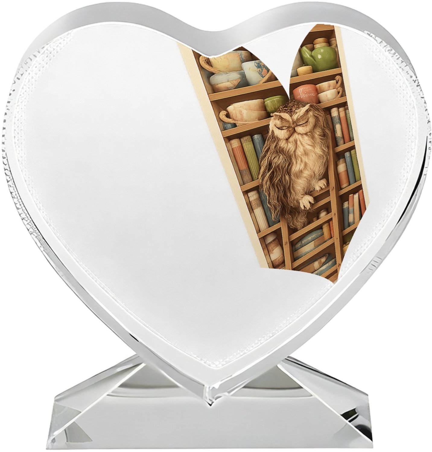 Mr Cadeautjes Fotokristal hart - design Een slaperige uil op een ladder naast een hoge plank met the | cadeau Wit