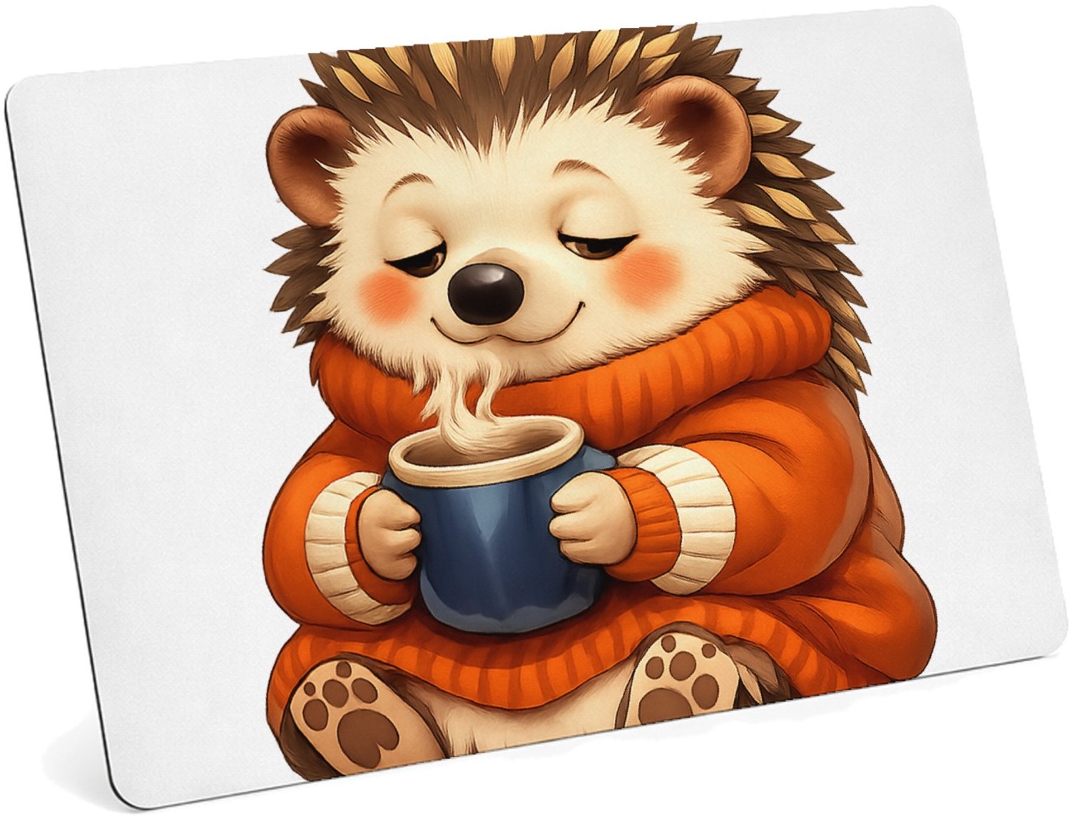 Mr Cadeautjes MDF magnetische fotolijst 28 x 19 - design Een slaperige egel in een oversized trui met een warme drank | cadeau Wit