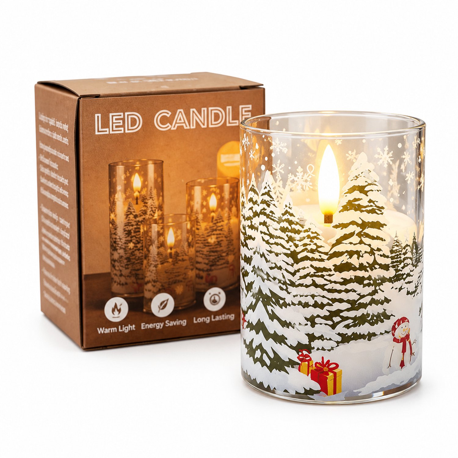 SWGOTA led kaarsen - elektronische kerstkaars met sneeuwsle thema, 7,5 x 10 cm, warm licht, kunststof behuizing, op batterijen, batterijen niet inbegrepen Bruin