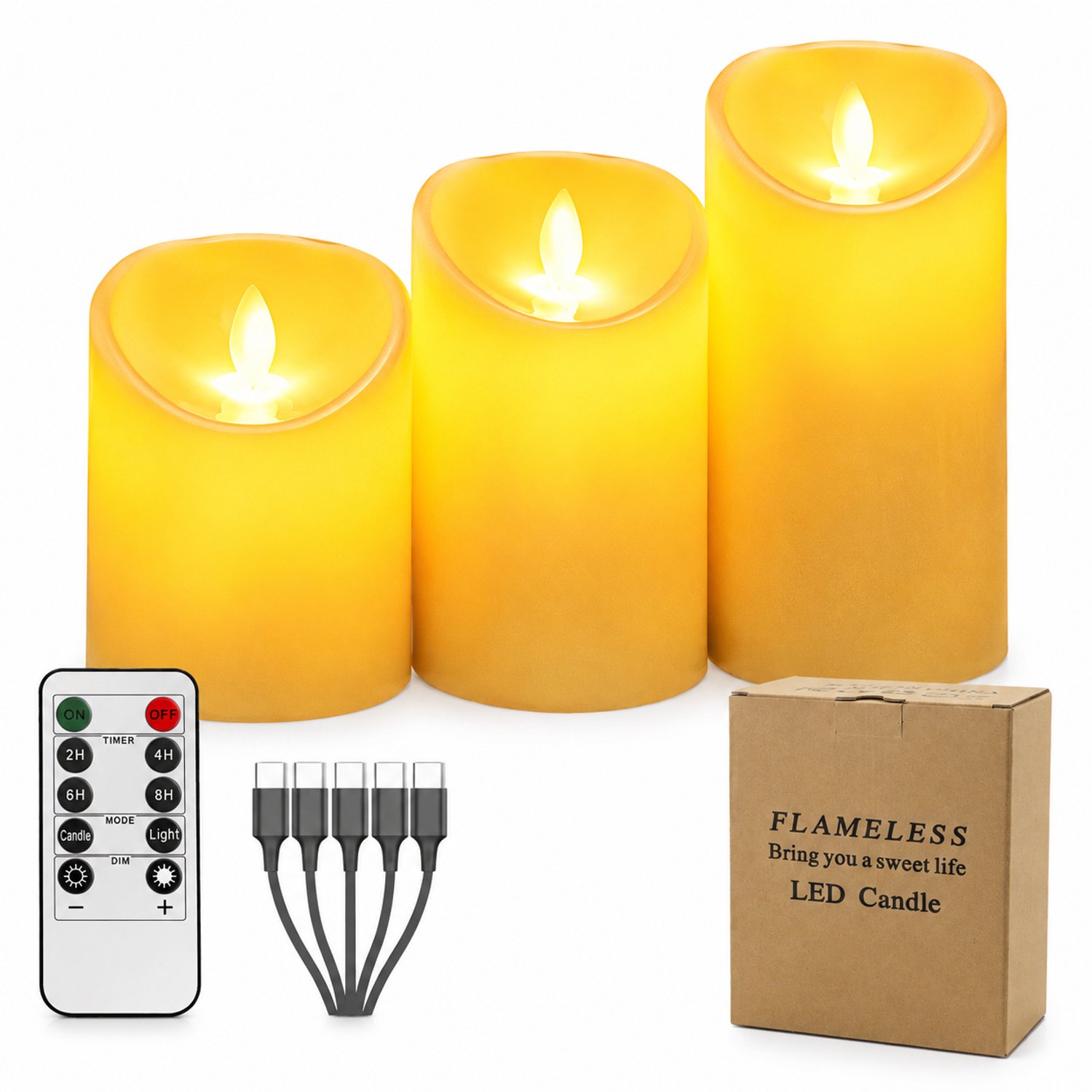 SWGOTA led kaarsen, set van 3, oplaadbaar met afstandsbediening en laadkabel, diameter 7,5 cm, hoogtes 10/12,5/15 cm, warmgeel licht Ivoorwit