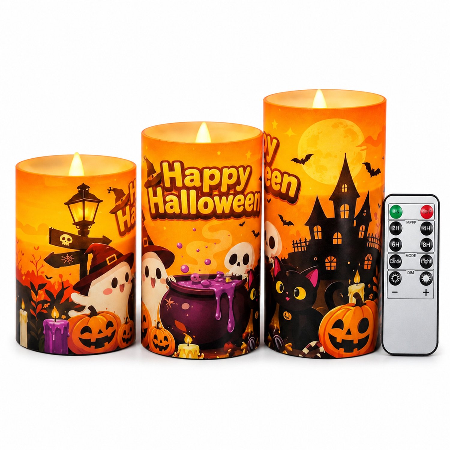 SWGOTA led kaarsen voor Halloween, set van 3 met spookmotieven en afstandsbediening, warm licht, batterijen niet inbegrepen Bruin