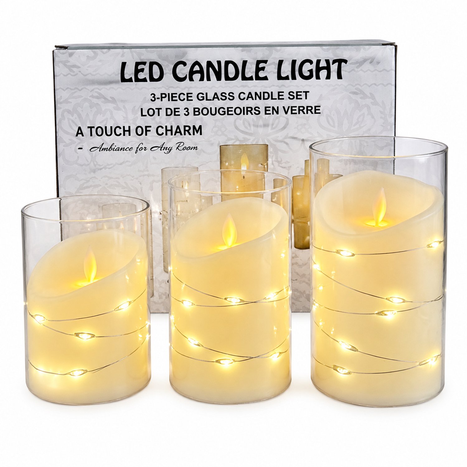 SWGOTA led kaarsen, set van 3, oplaadbaar, bewegende vlam, schuine bovenkant en lichtsnoer, transparante houders, warm licht, in geschenkdoos Ivoor