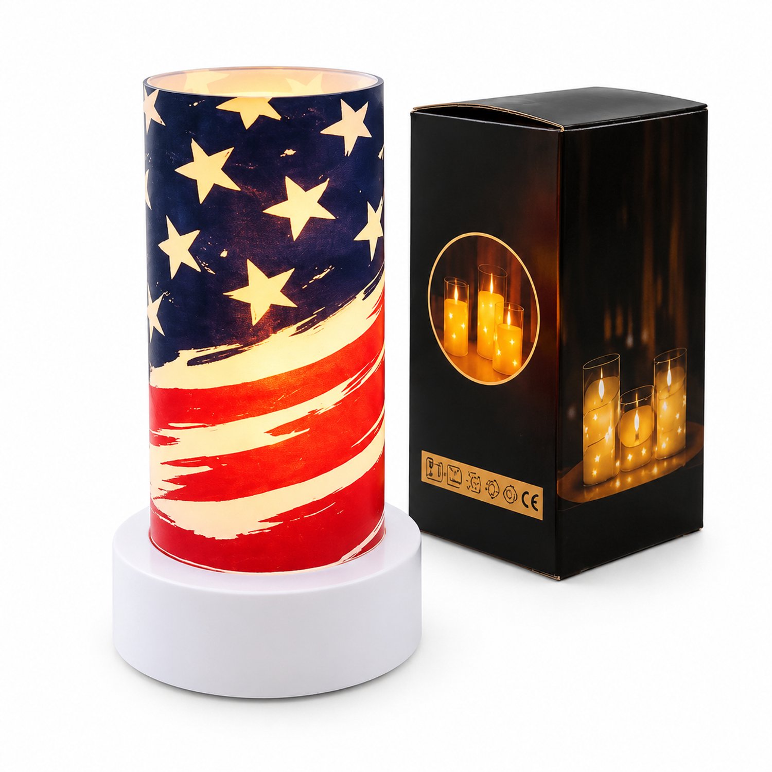 SWGOTA led kaarsen - 1 stuk, 7,5 x 15 cm, Amerikaans sterren- en strepenmotief, warm licht, kunststof, zonder batterijen Rood