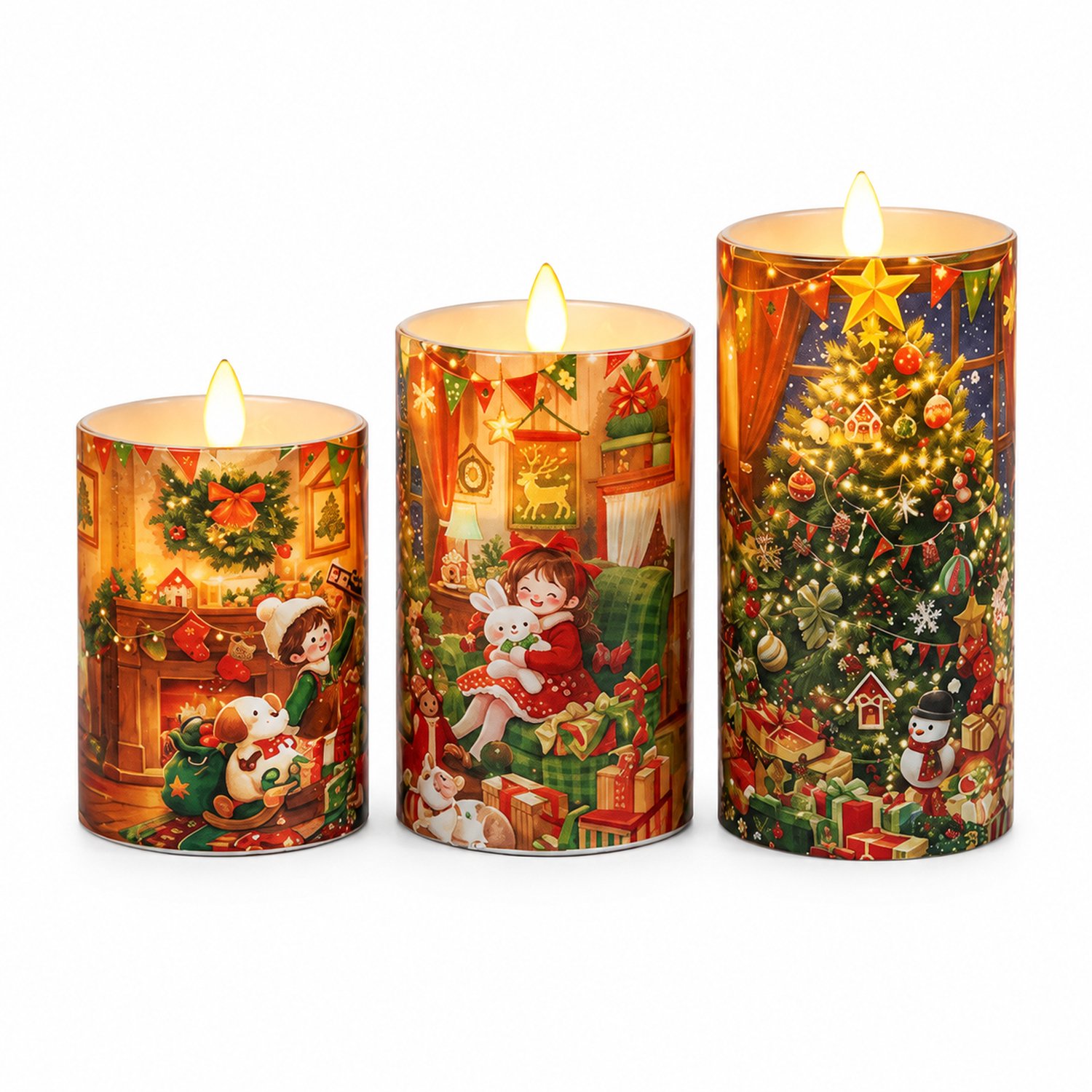 SWGOTA led kaarsen voor Kerstmis, set van 3 met verschillende hoogtes, kerstillustraties en vlamvormige lichtbron, zonder batterijen Blauw
