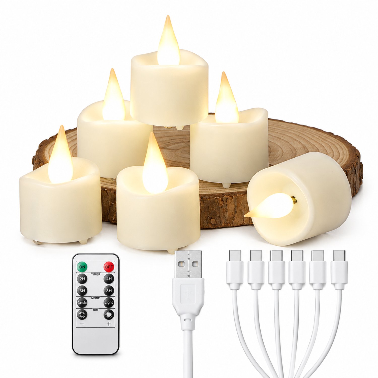 SWGOTA led kaarsen, 12 oplaadbare theelichtjes met druppelvormige vlam, 10-knops afstandsbediening, timer en dimfunctie, inclusief 2 USB-laadkabels met elk 6 aansluitingen Wit