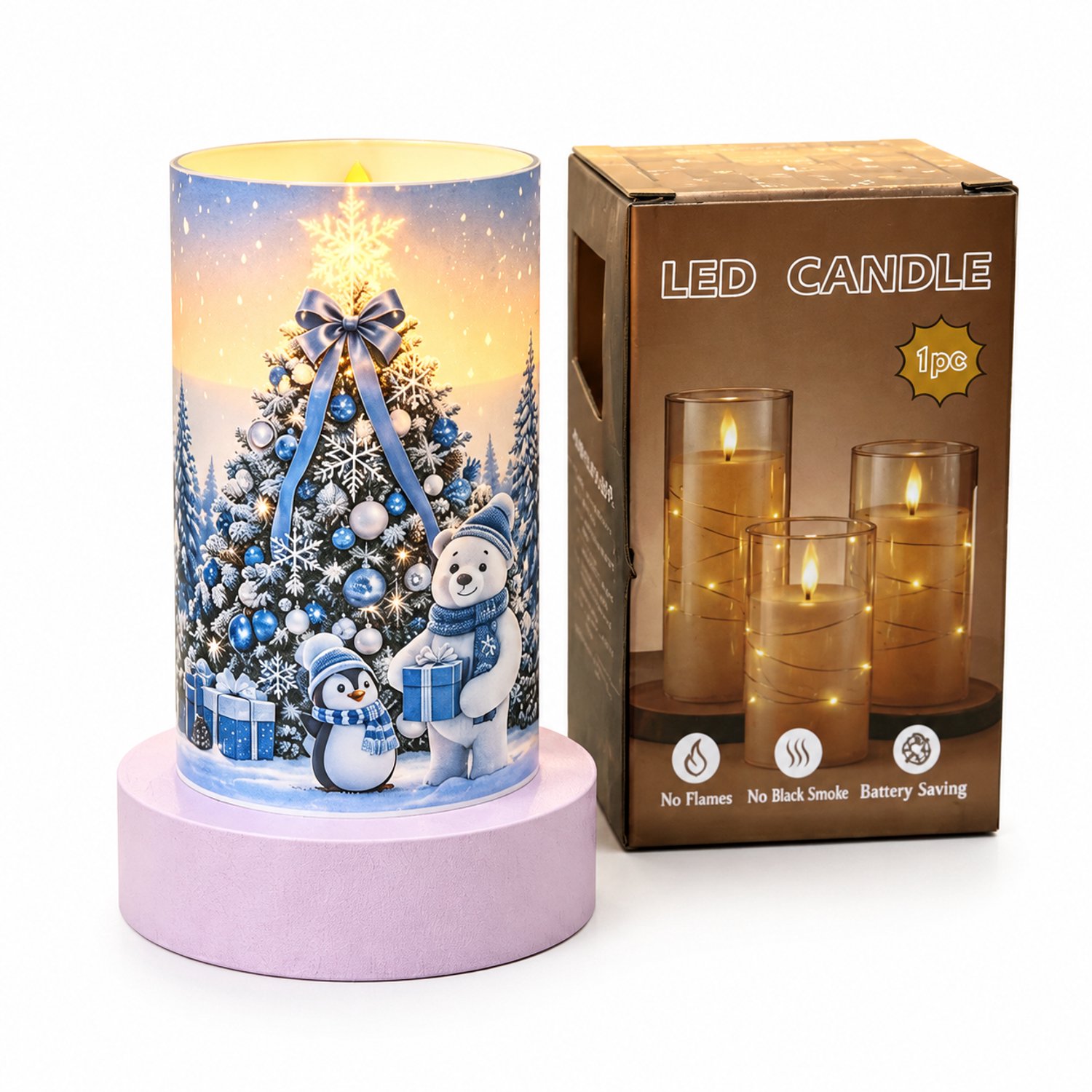 SWGOTA led kaarsen - 1 blauwe kaarslamp met kerstboomprint, 7,5 x 12,5 cm, warm licht, kunststof, op batterijen, zonder batterijen