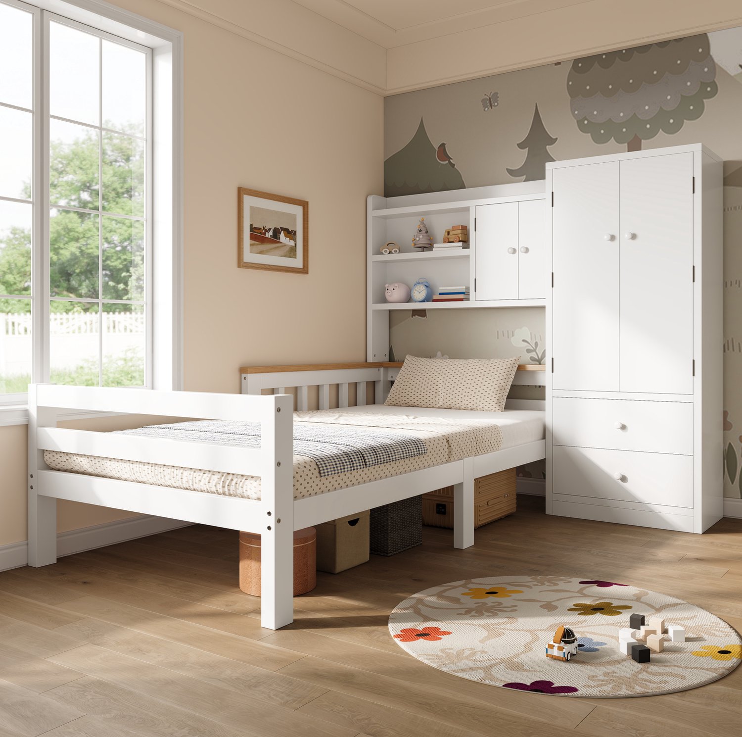 MIVRAY Kinderbed 90x200cm - Bed met Kledingkast en Laden - Open Vakken en Uitvalbeveiliging voor Kinderkamers - Zonder Matras - Hout en MDF - Wit