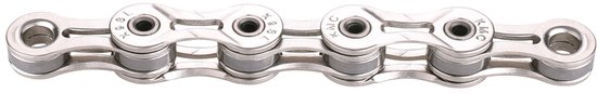 Zilverkleurige KMC X9SL 9-speed fietsketting met holle pennen en schakels.