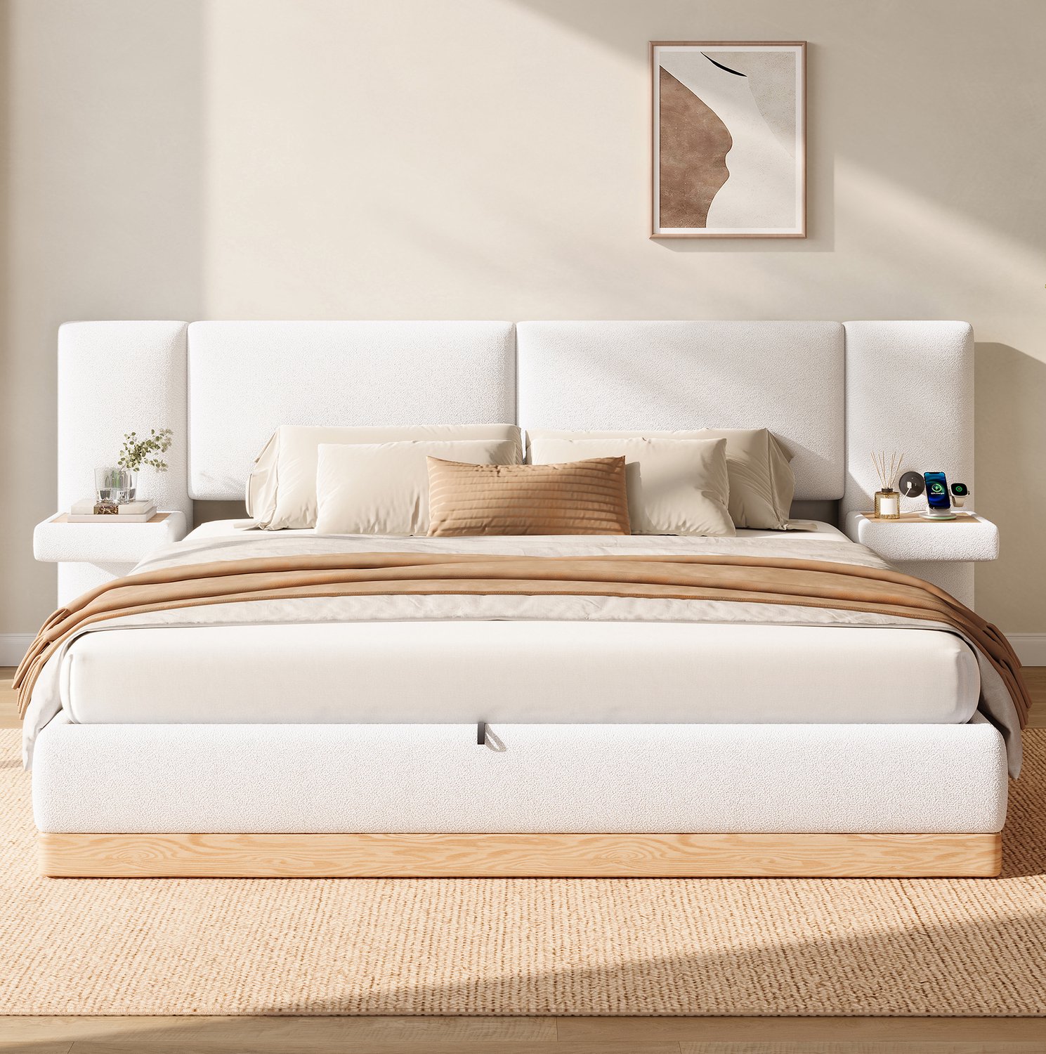 MIVRAY Gestoffeerd Bed 140x200 cm - Met Hydraulische Opbergruimte en Oplaadaansluitingen - Zonder Matras - Stof en Kunstleer - Wit en Naturel