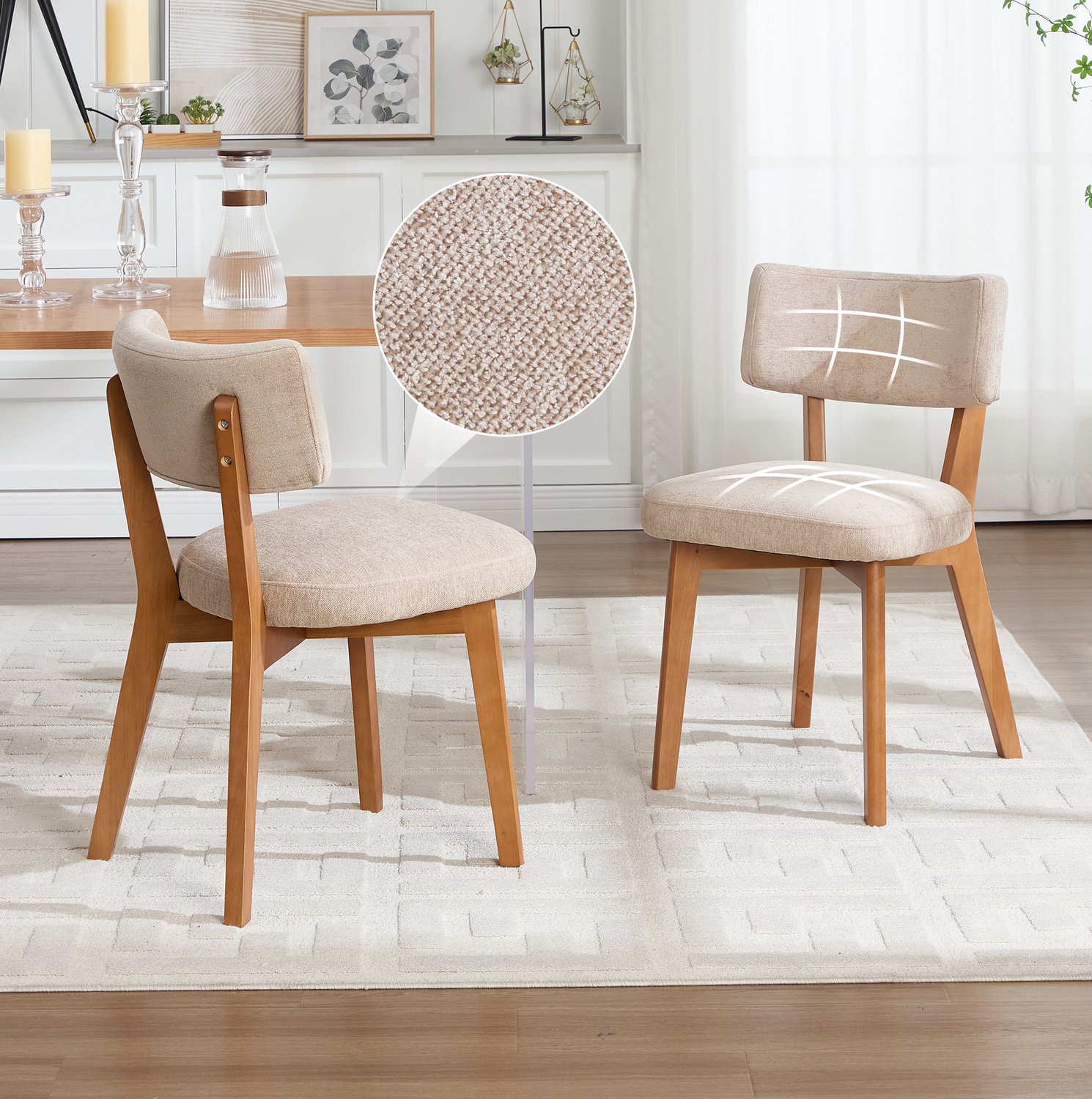 MODFU Eetkamerstoelen Set Van 2 - Gewatteerde Zitting - Mid-Century - Houten Poten - Khaki