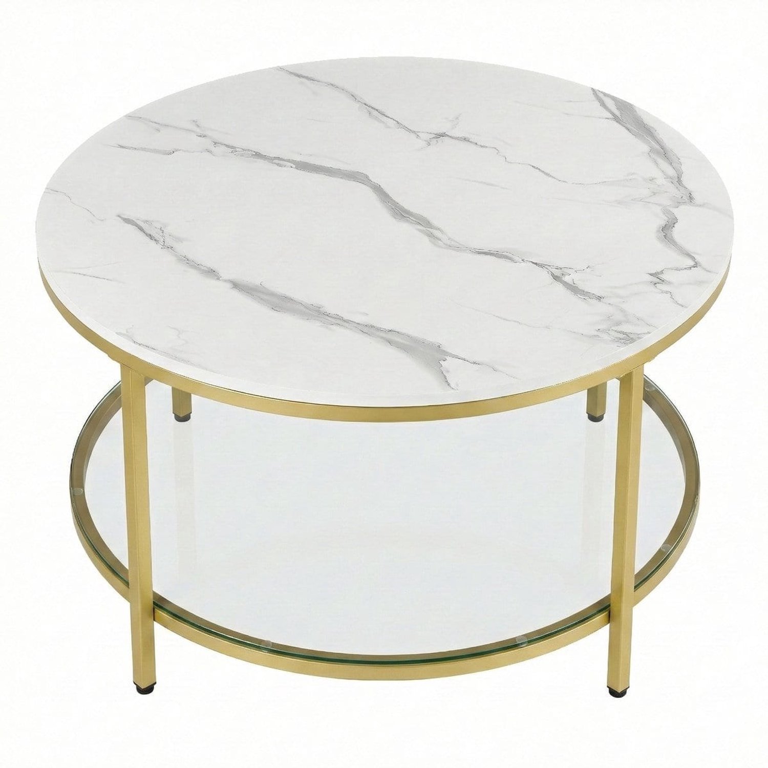 Klarven Salontafel Marmerwit - Salontafel Glas - Marmerlook Salontafel - Salontafel - Metallic Goud Onderstel - Gehard Glas - Eenvoudig Te Monteren Wit marmer/goud