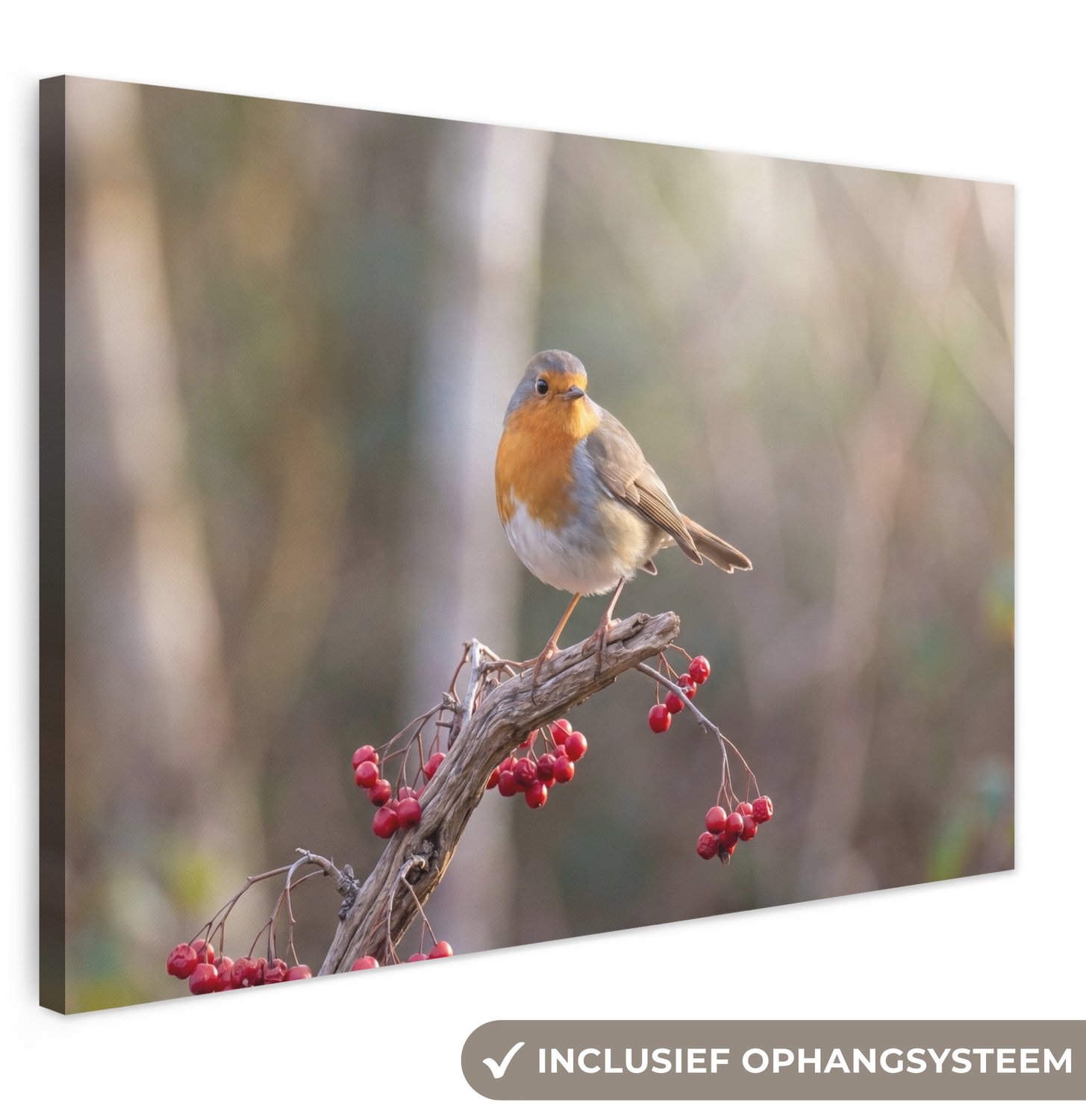 Canvas schilderij 150x100 cm - Exclusieve wanddecoratie Roodborst - Tak - Bessen - Natuur - Muurdecoratie woonkamer - Slaapkamer decoratie - Kamer accessoires - Schilderijen op canvas groot XXL