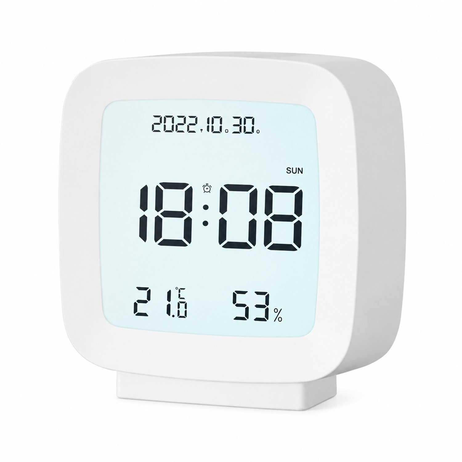 Witte digitale LCD-wekker met tijd, datum, temperatuur en luchtvochtigheid - 7,8 x 4 x 8,3 cm - met voet voor bureau of nachtkastje