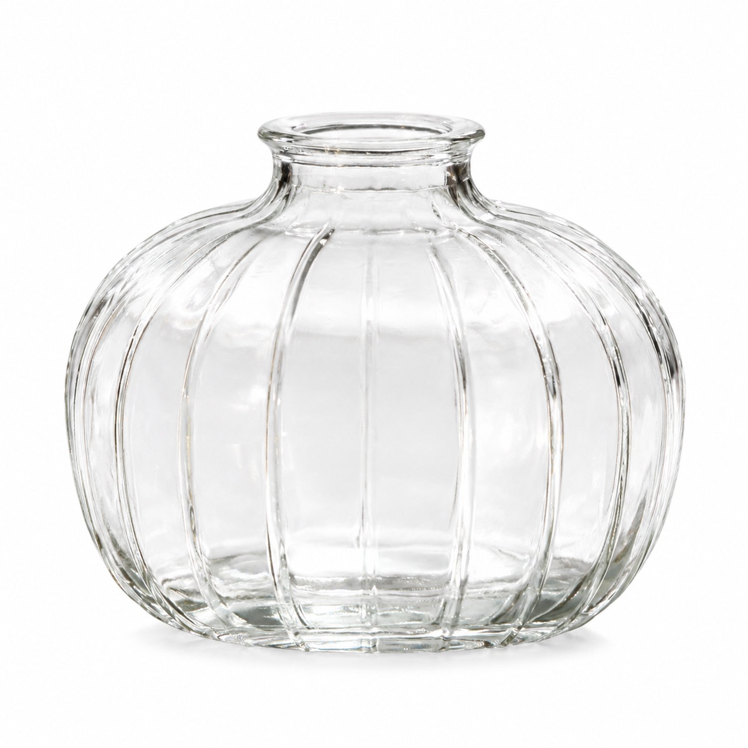 SWGOTA Vaas van transparant glas met verticale ribbels - 8,3 cm hoog, diameter 10,5 cm - korte hals - voor kunstbloemen - kartonnen verpakking