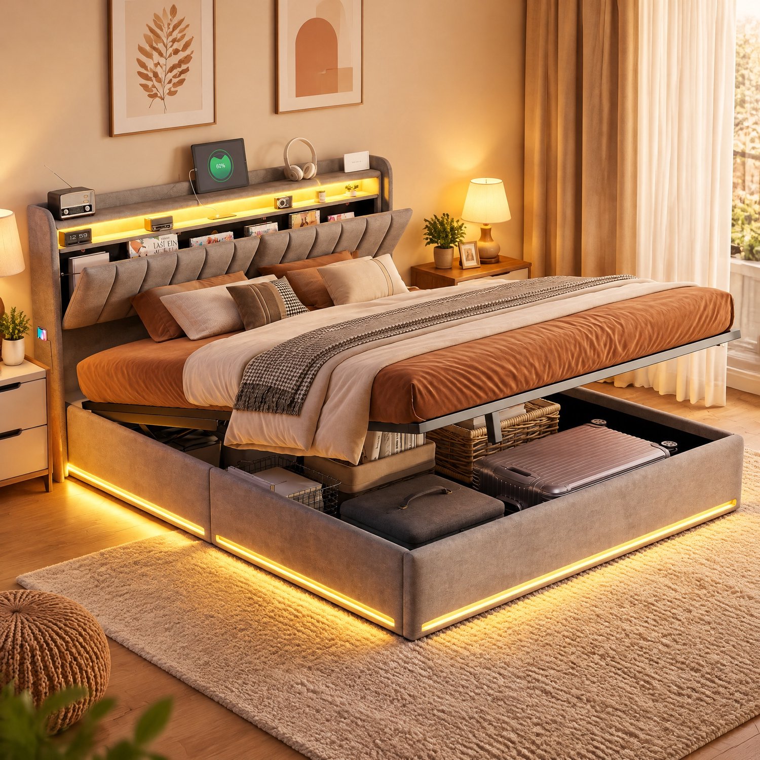 MEXUS Gestoffeerd bed 160x200 cm met LED en USB - Hydraulisch tweepersoonsbed met lattenbodem en hoofdeinde opbergruimte, Opbergbed,grijs Fluwelen
