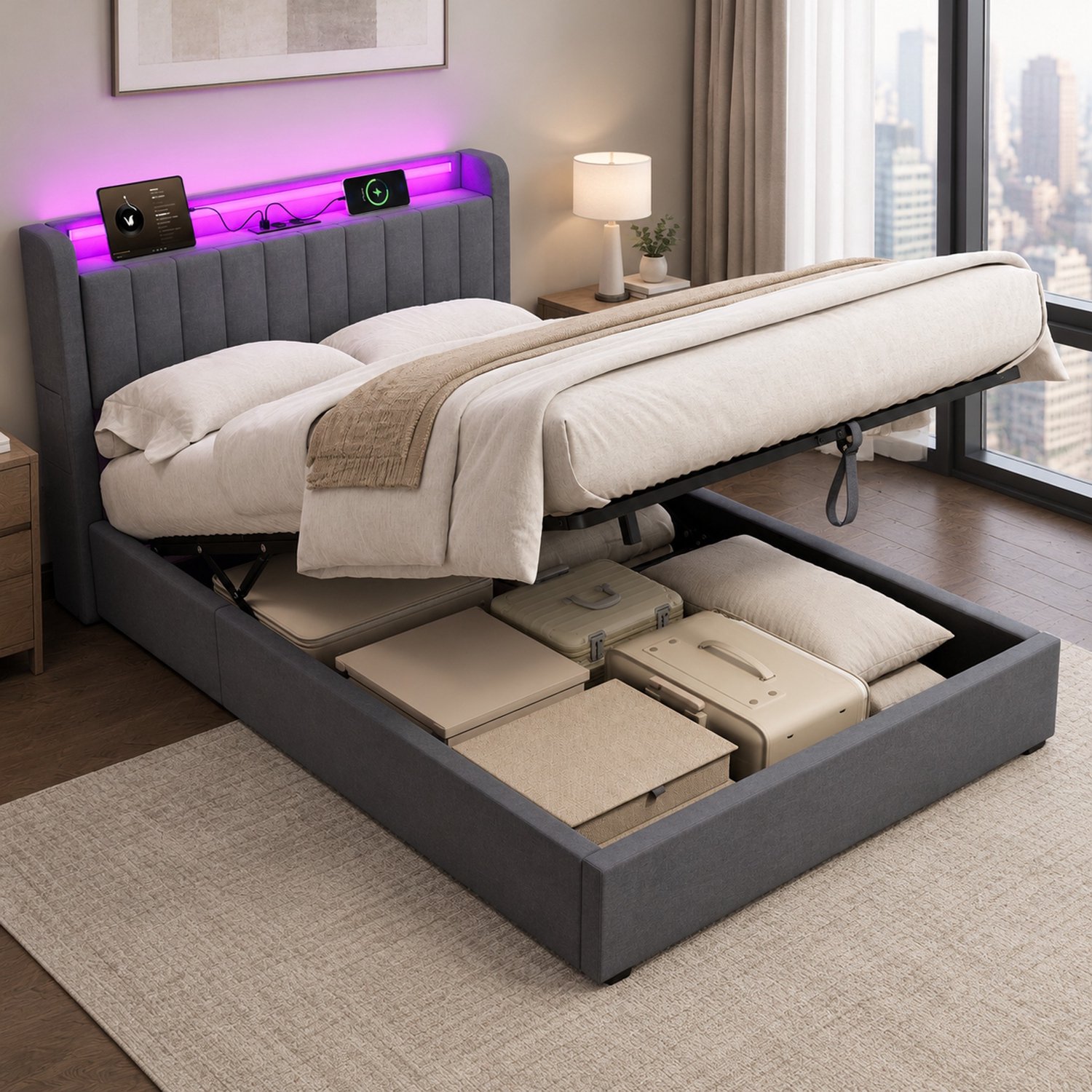 OKWISH Bed 140x200 - Tweepersoonsbed met LED Verlichting en Opbergruimte - Stoffen Bedframe - Donkergrijs