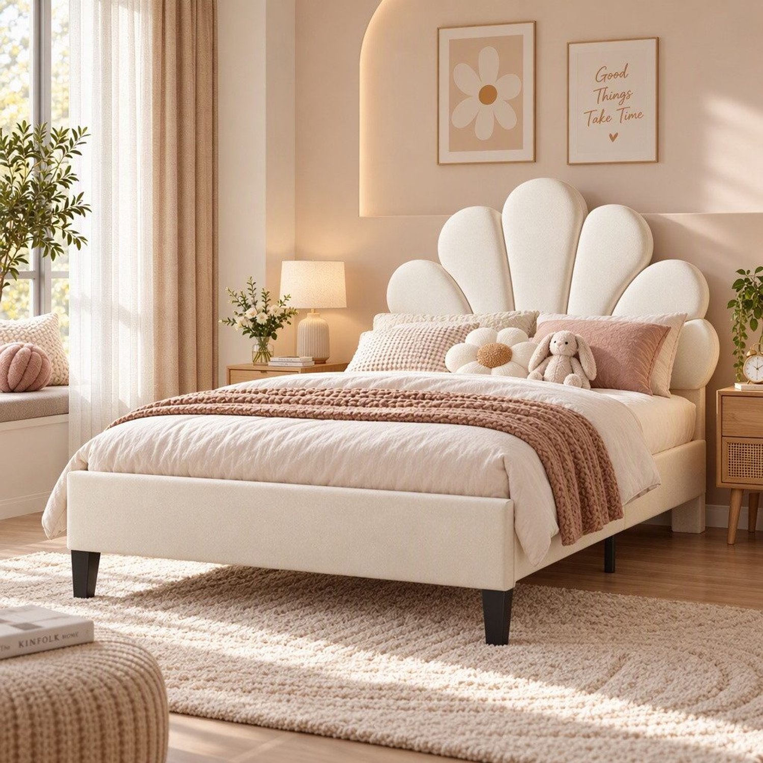 Mofor Gestoffeerd Kinderbed 90x200 cm met Verstelbaar Bloemvormig Hoofdbord en Lattenbodem - Fluweel - Beige