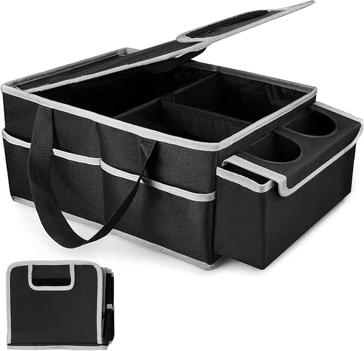 Autokofferbakorganizer, opbergbox met antislipbodem, meerdere compartimenten, opvouwbare opbergbox voor autoaccessoires met deksel (zwart)