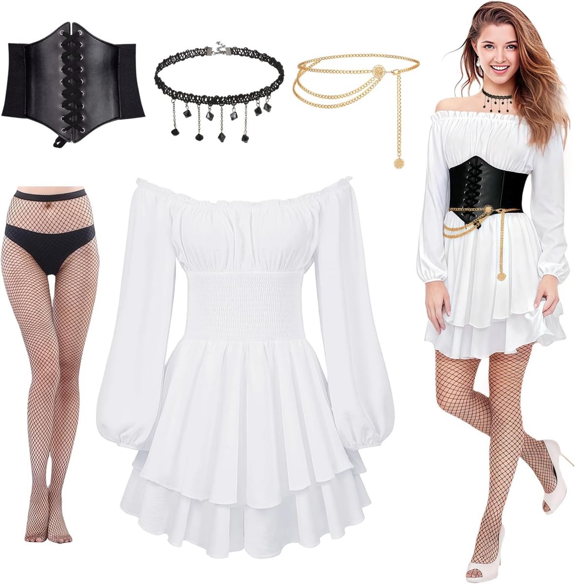 Piratenkostuum voor Dames - Middeleeuwse Witte Jurk met Off Shoulder - Retro Renaissance Halloween en Carnaval Outfit