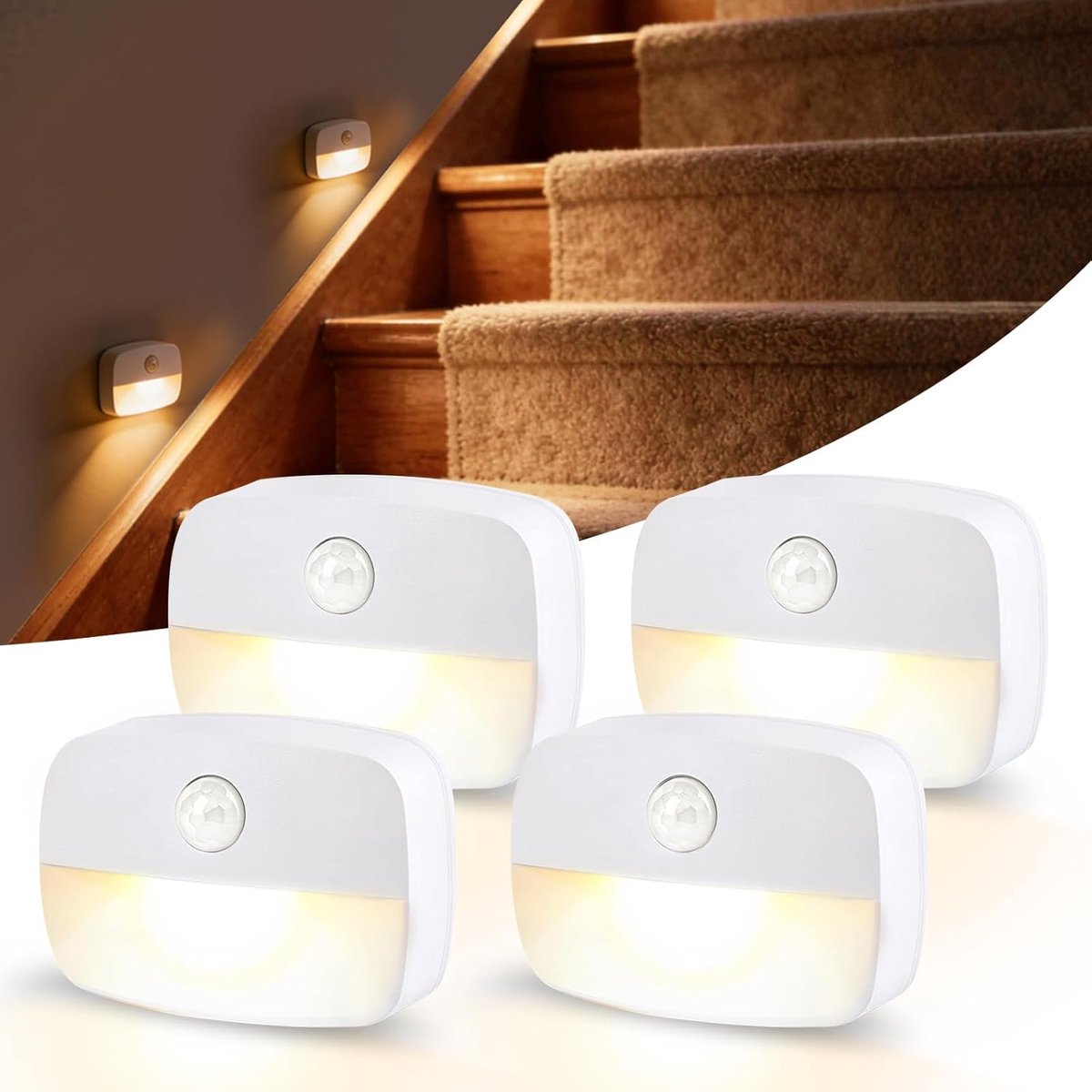 Led-nachtlampje met bewegingsmelder, bewegingslicht met batterij, voor binnen en buiten, voor hal, trappen, badkamer, slaapkamer (warmwit-4 stuks)