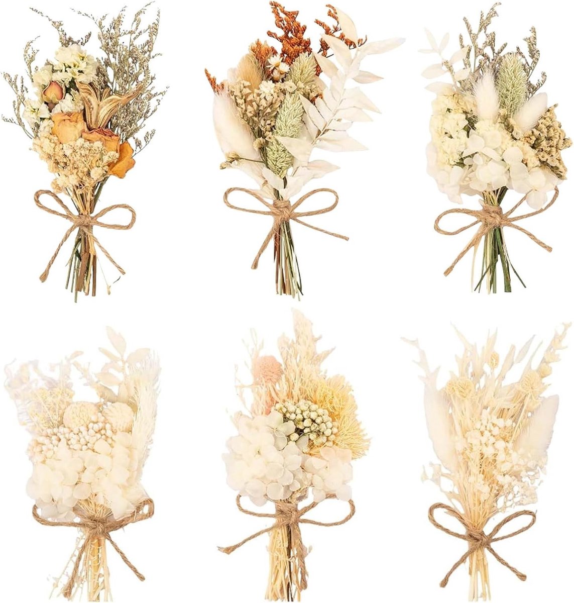 6 boeketten gedroogde bloemen voor decoratie, DIY fotolijsten, bruiloften en feesten - Miniatuur boeketten met natuurlijke bloemen