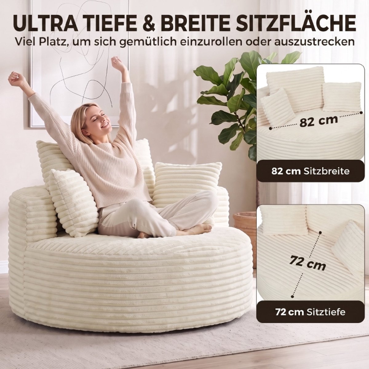REDOM - Fauteuil met diepe zitvlak, rond, volschuim, 4 kussens, creme wit - 130 cm breedte